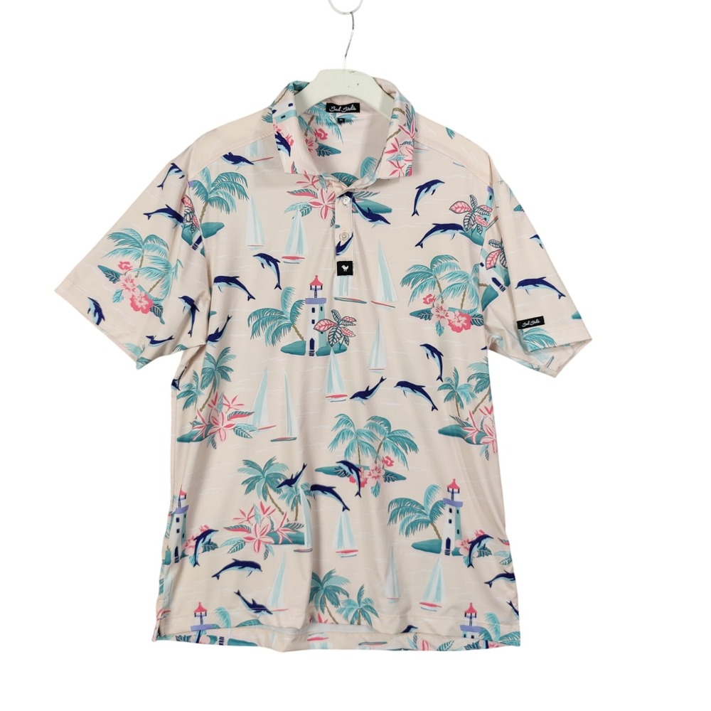 Bad Birdie Tropical Dolphin Boats Novelty Golf Polo Beige Short‎ Sleeve Men XL